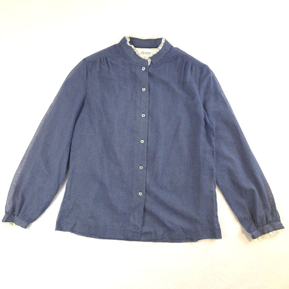 Vintage 70s Devon Polka Dot Button Up Shirt Sheer Lace Trim 16/ M Blue White USA
